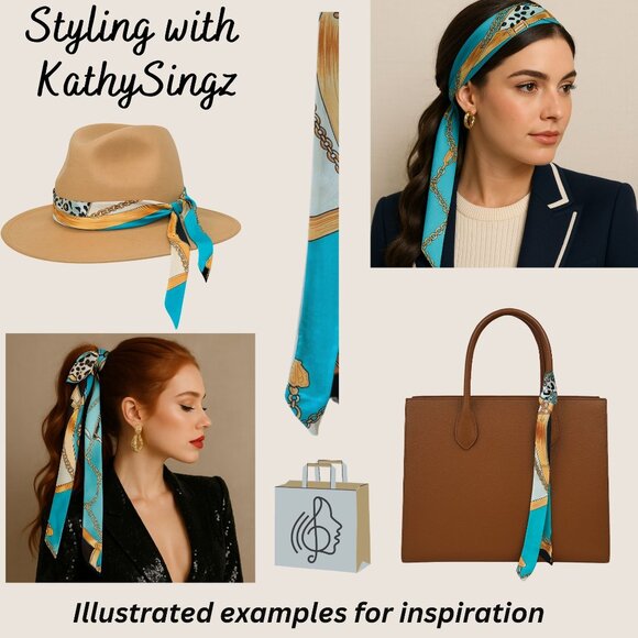 Turquoise Chain Print Slim Silk Scarf 34in Nautical Glam Retro Style Hairband - Picture 3 of 7